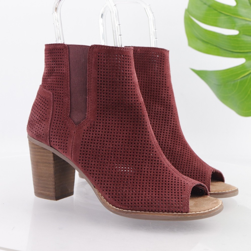 TOMS Womens Majorca Boots Size 9 Burgundy Suede Boho Booties Block Heel Open Toe